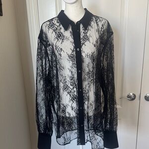 GAP Black Sheer Lace Button-Down Shirt